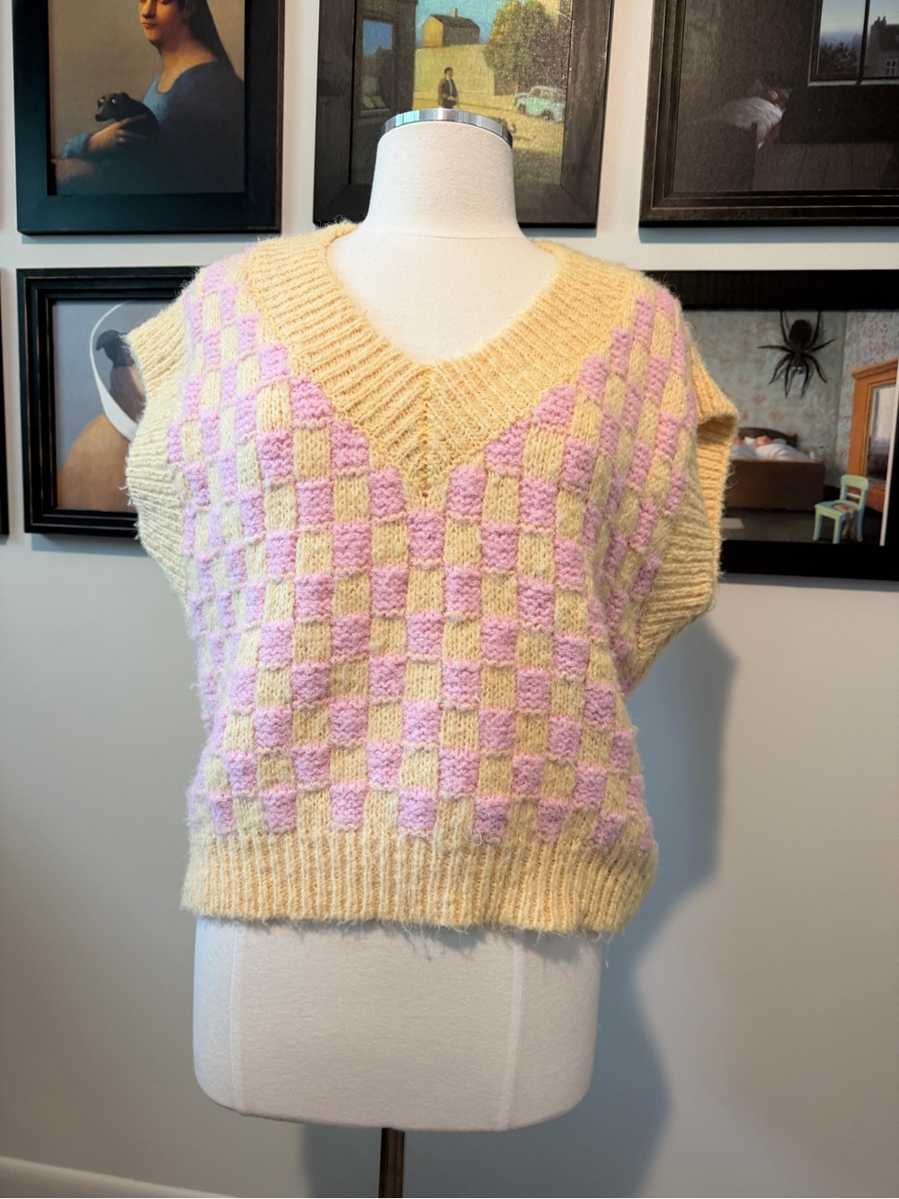 English Factory Cream and Light Pink Checker V‑Neck Sweater Vest